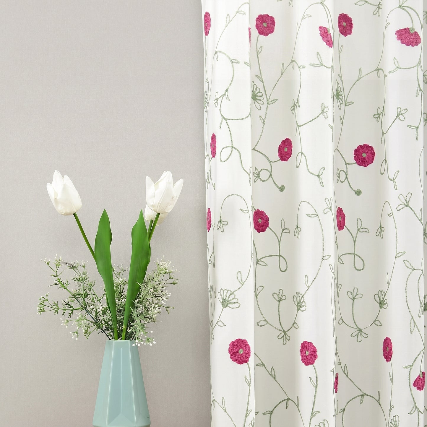 Custom-Made Botanical Vine Embroidered Linen Light Filtering Curtains