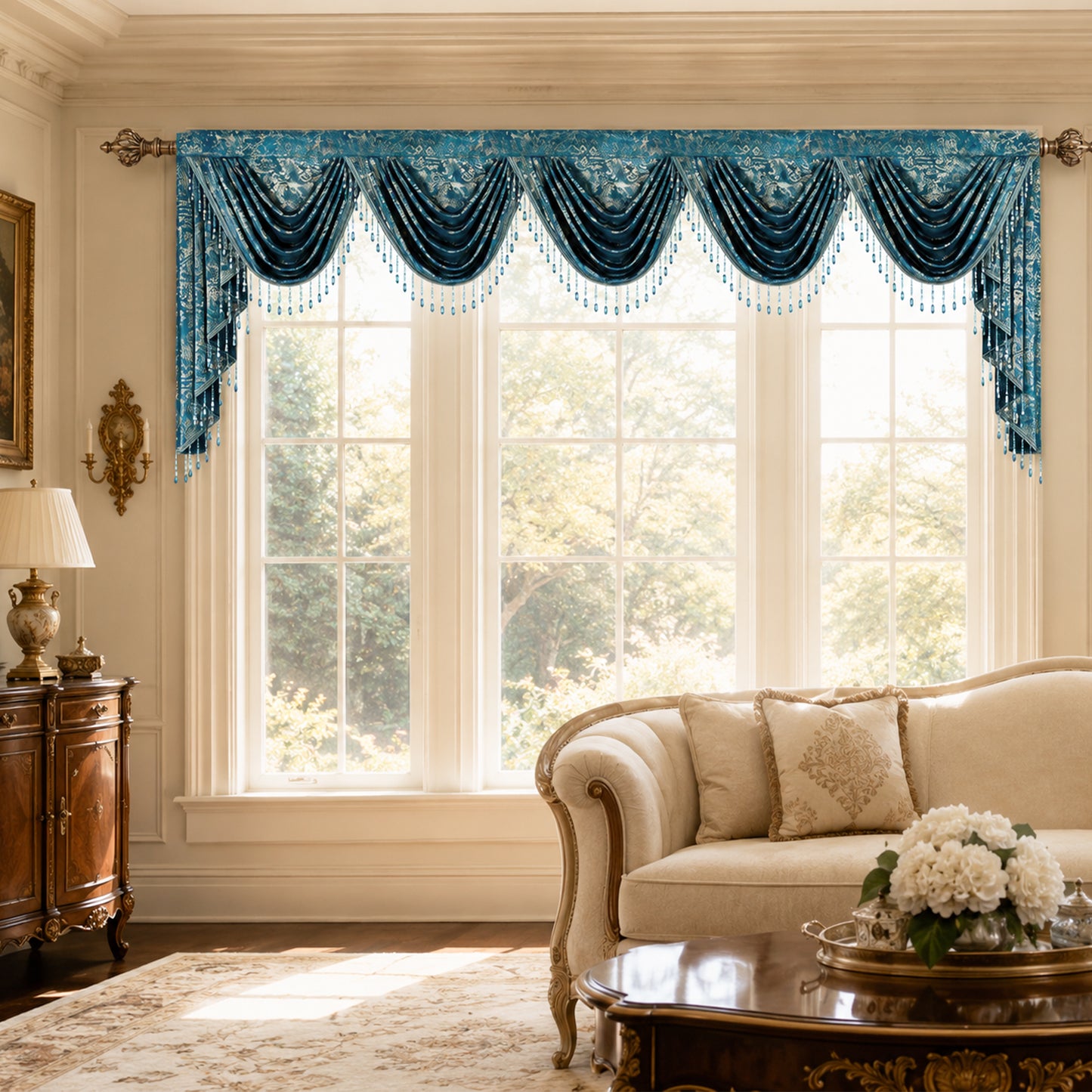 Custom-Made Gold Foil Velvet Waterfall Valance