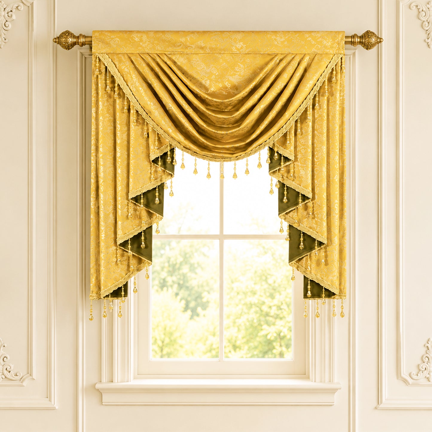 Custom-Made Gold Foil Velvet Waterfall Valance