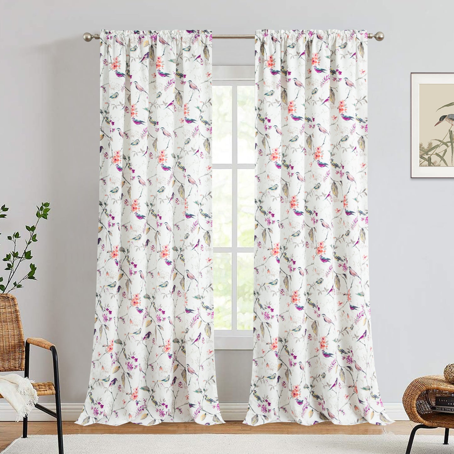 Custom-Made Bird Print Cotton Light Filtering Curtains