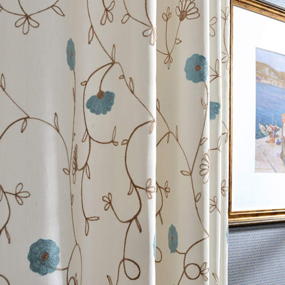 Custom-Made Botanical Vine Embroidered Linen Light Filtering Curtains