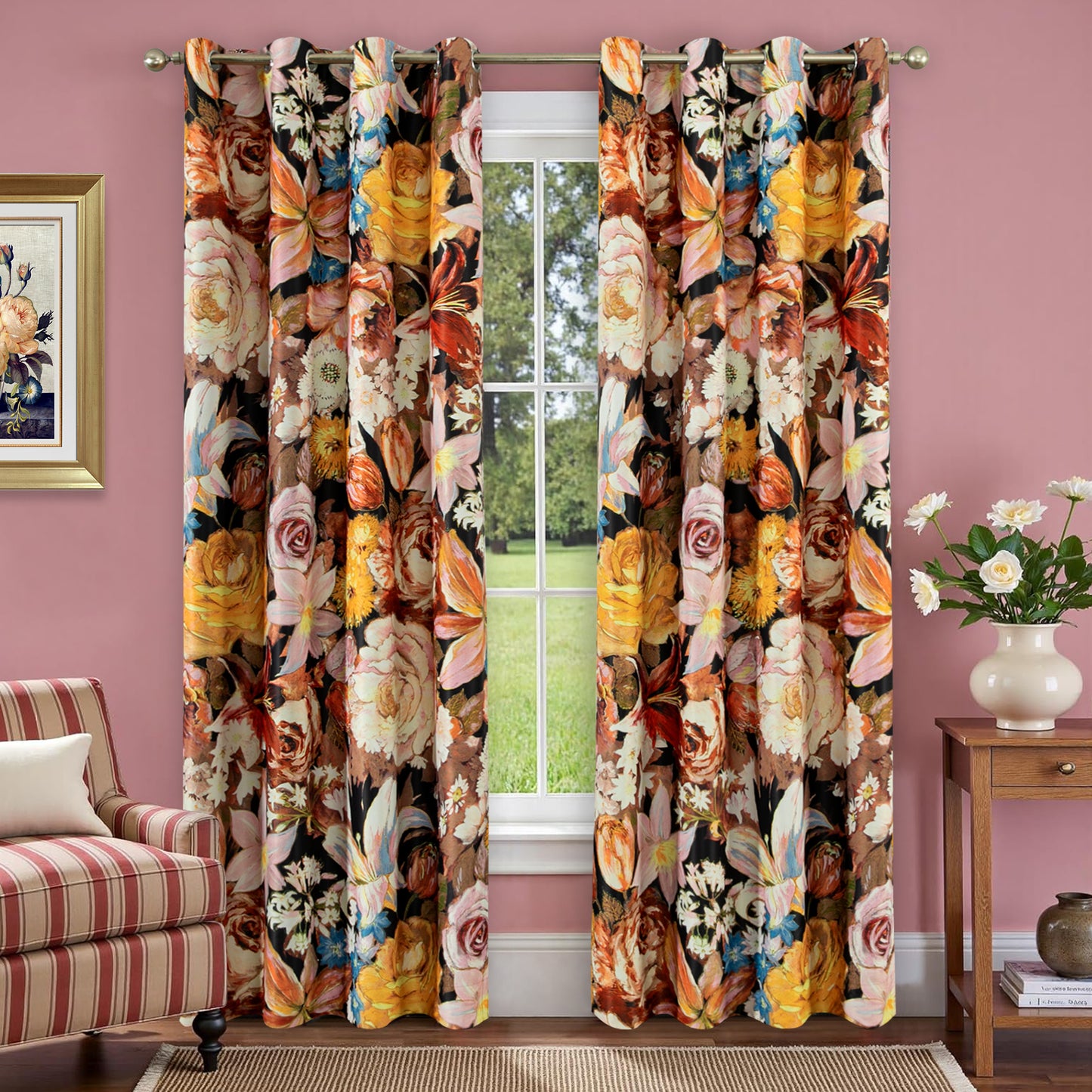Custom-Made Vintage Floral Print Room Darkening Curtains