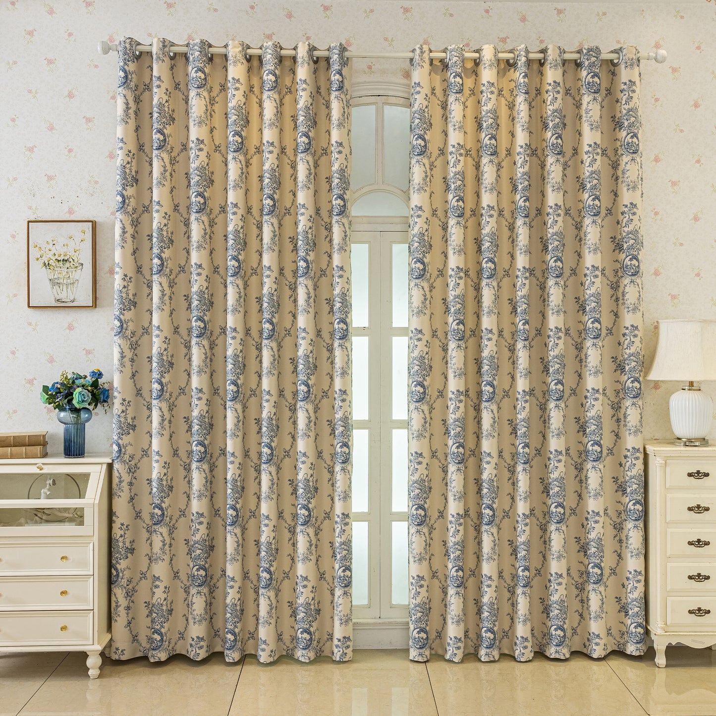 Custom-Made Vintage Floral Toile Room Darkening Curtains