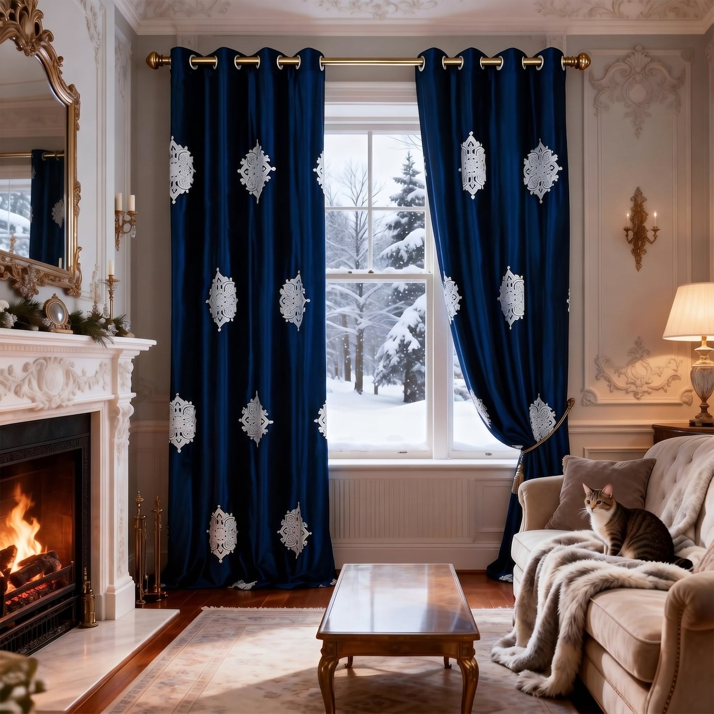 Custom-Made Embroidered Velvet Room Darkening Curtains