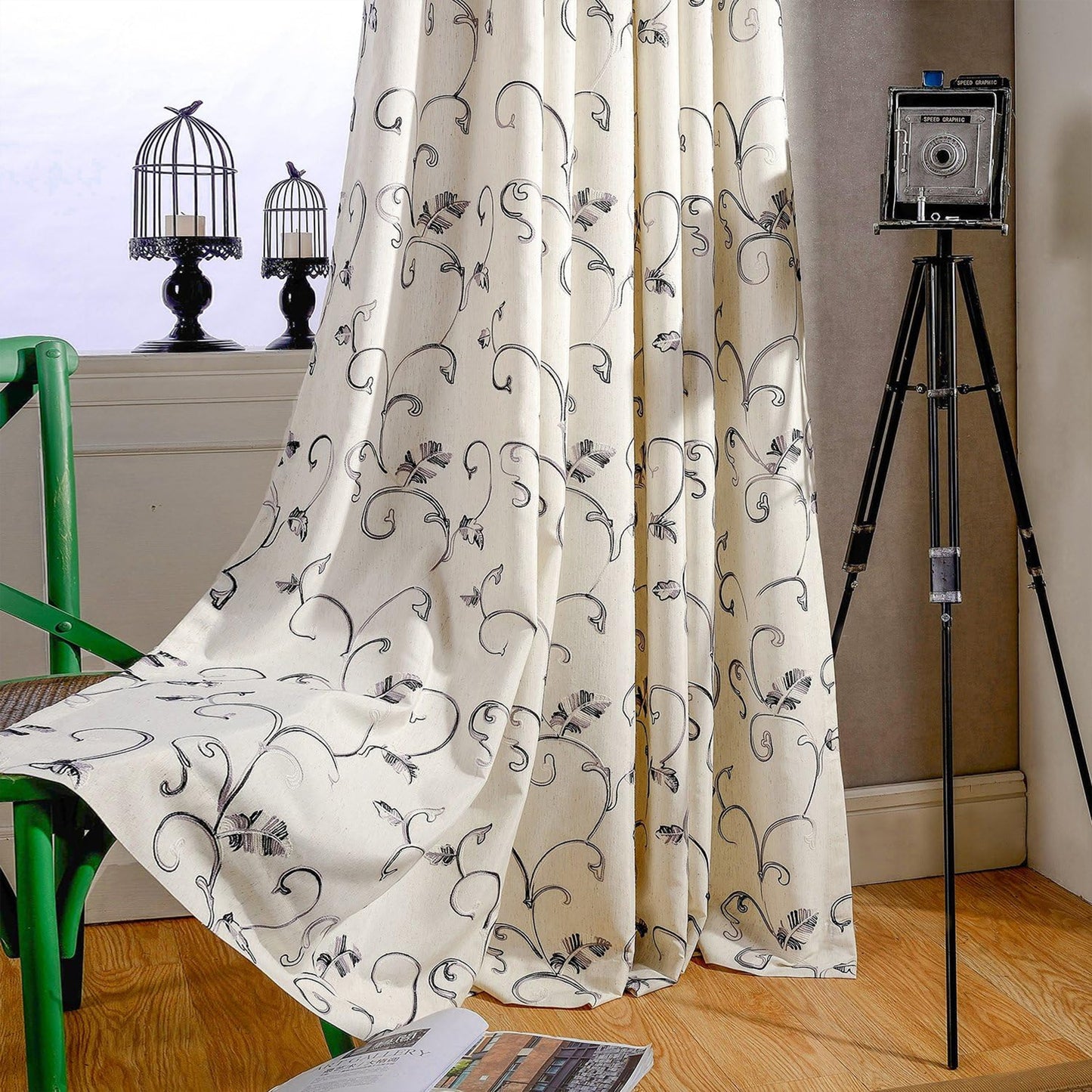 Custom-Made Botanical Vine Embroidered Room Darkening Curtains