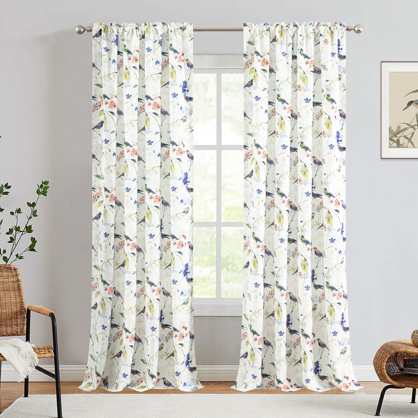 Custom-Made Bird Print Cotton Light Filtering Curtains