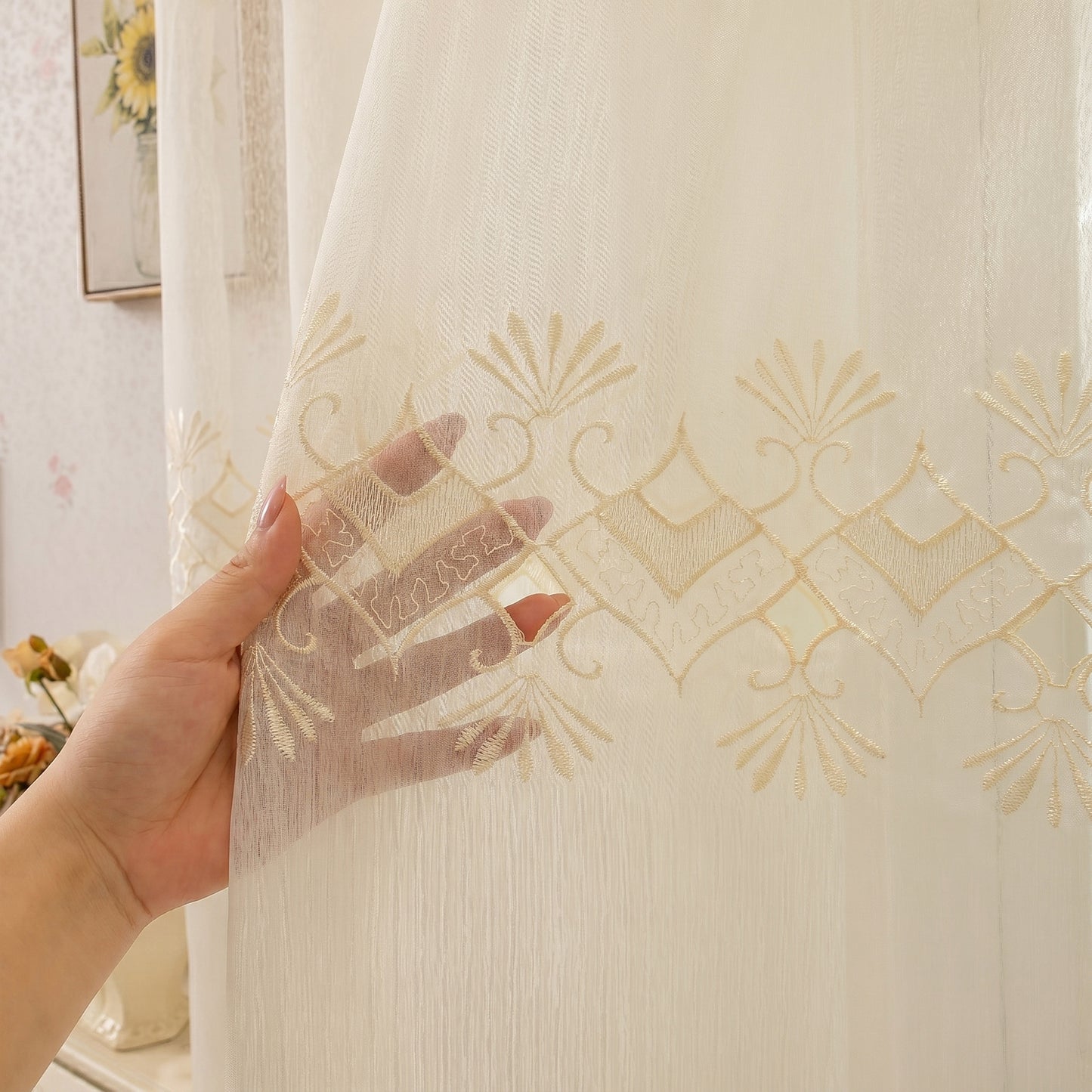 Custom-Made Geometric Embroidered Sheer Curtains