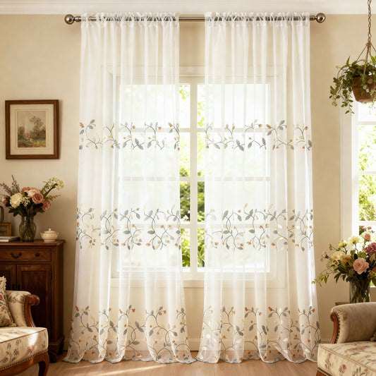 Custom-Made Botanical Vine Embroidered Sheer Curtains