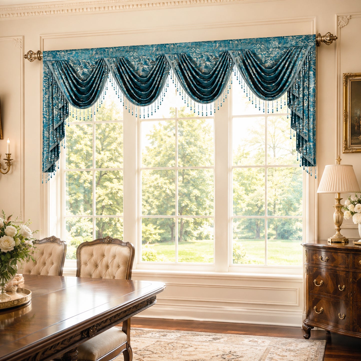 Custom-Made Gold Foil Velvet Waterfall Valance
