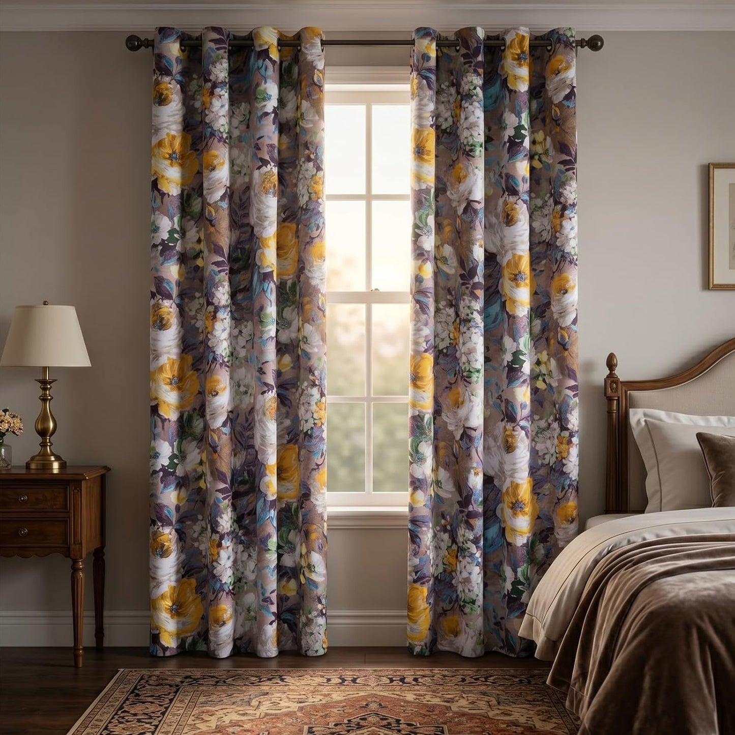 Custom-Made Vintage Large Floral Print Room Darkening Curtains