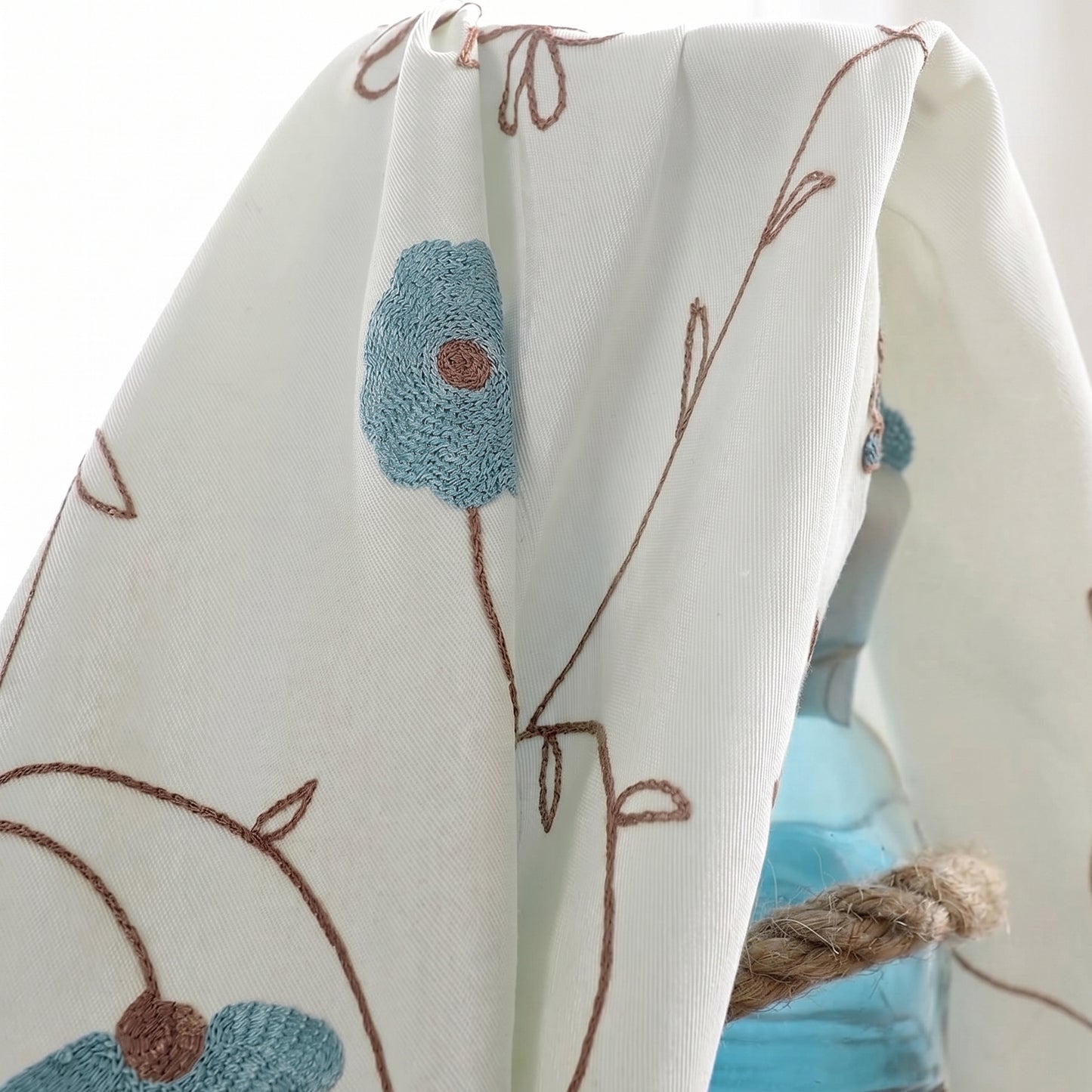 Custom-Made Botanical Vine Embroidered Linen Light Filtering Curtains