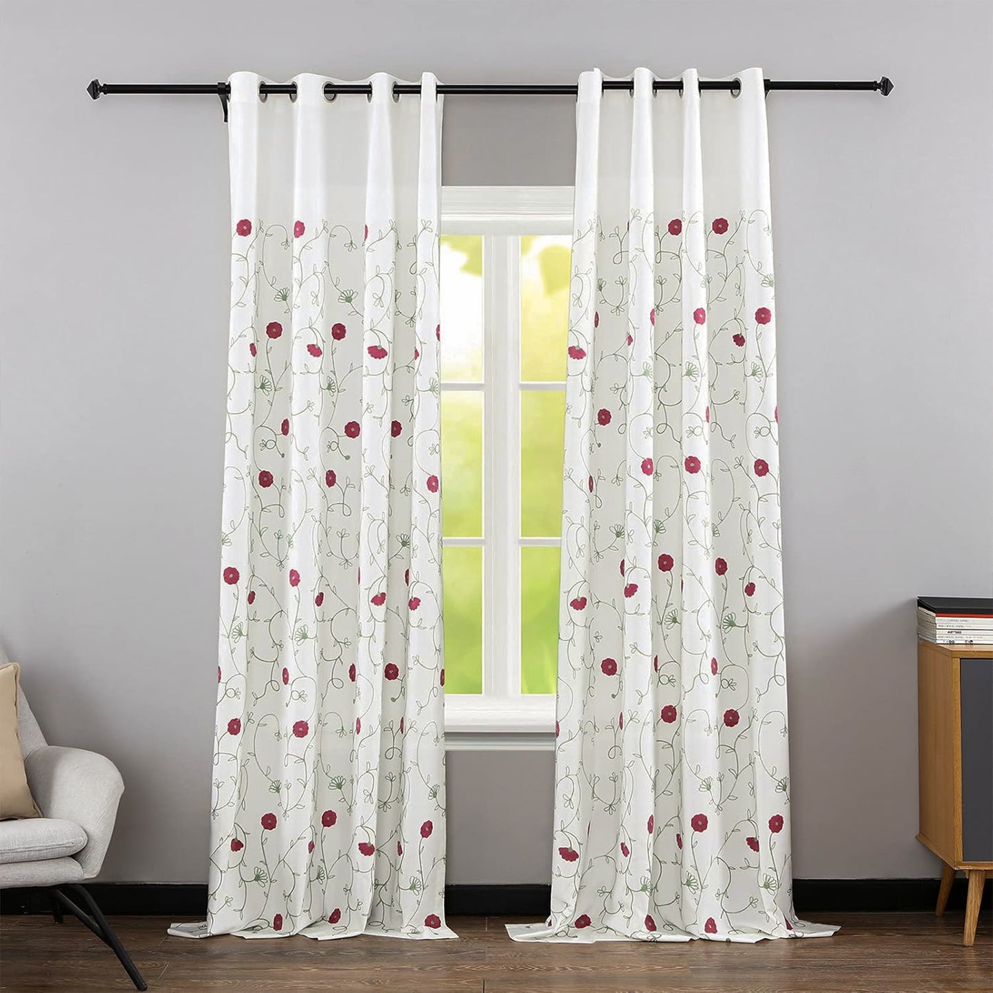 Custom-Made Botanical Vine Embroidered Linen Light Filtering Curtains