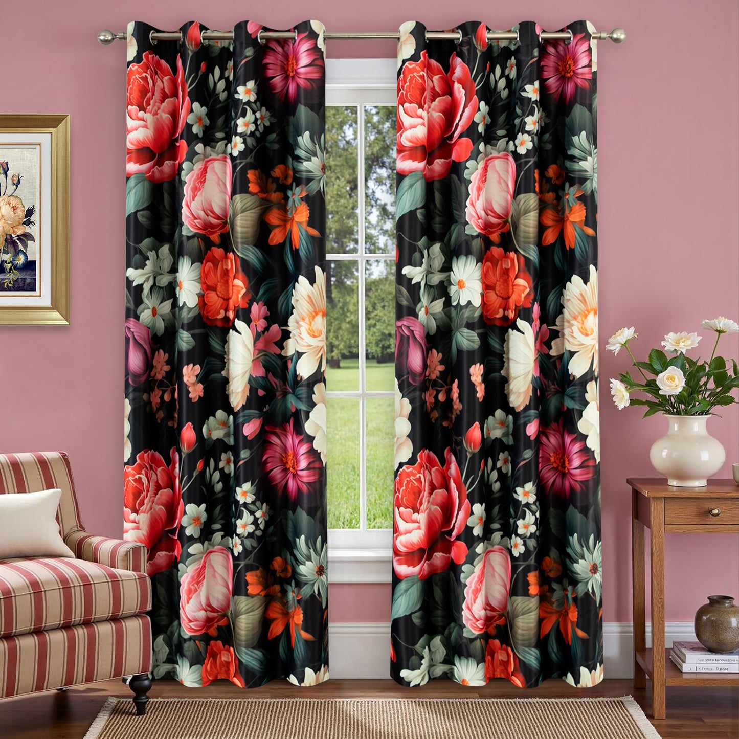 Custom-Made Vintage Floral Print Room Darkening Curtains