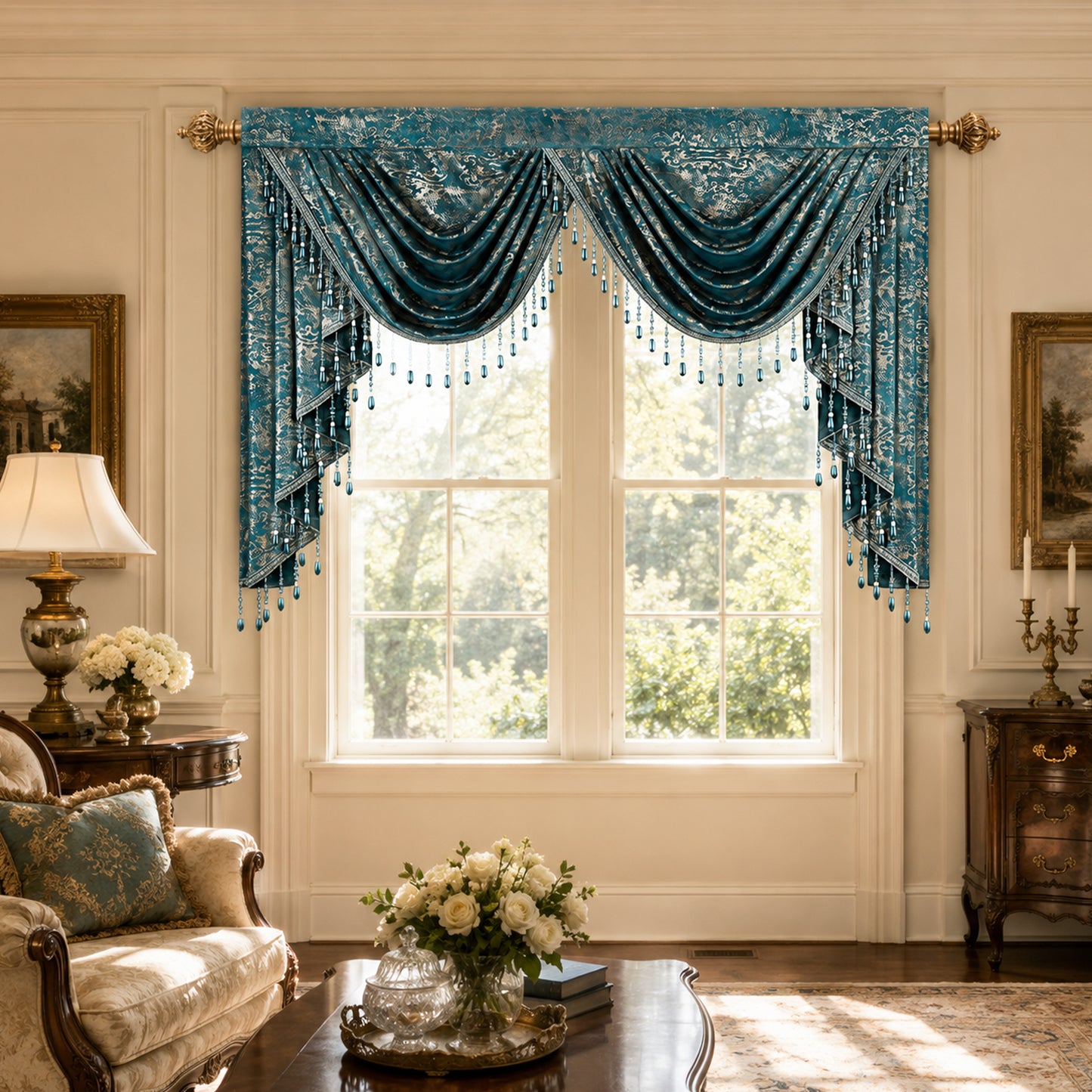 Custom-Made Gold Foil Velvet Waterfall Valance