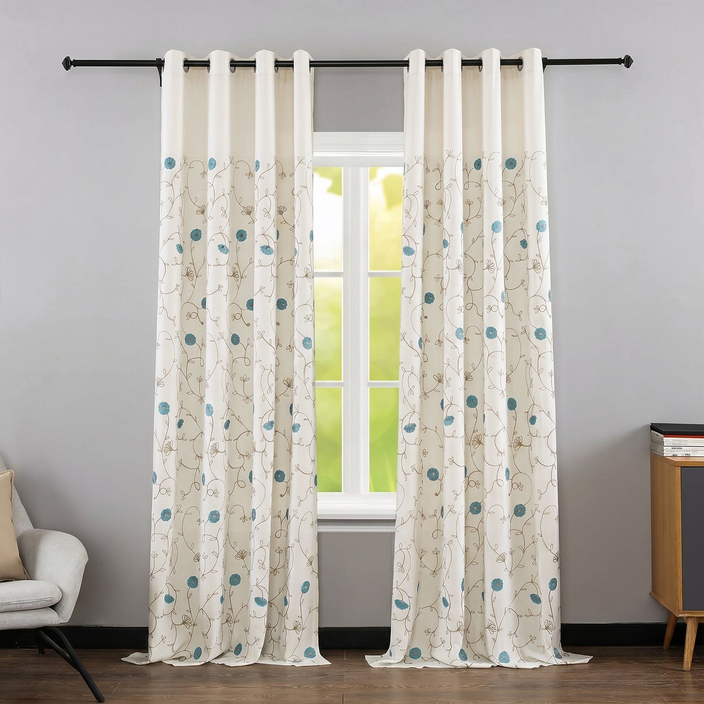 Custom-Made Botanical Vine Embroidered Linen Light Filtering Curtains