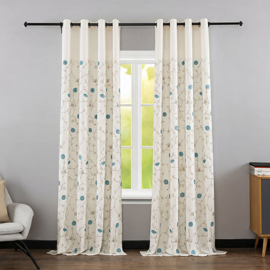 Custom-Made Botanical Vine Embroidered Linen Light Filtering Curtains