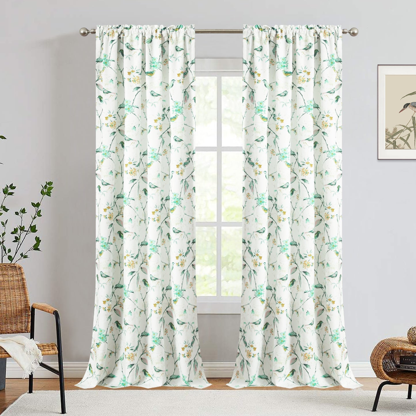 Custom-Made Bird Print Cotton Light Filtering Curtains