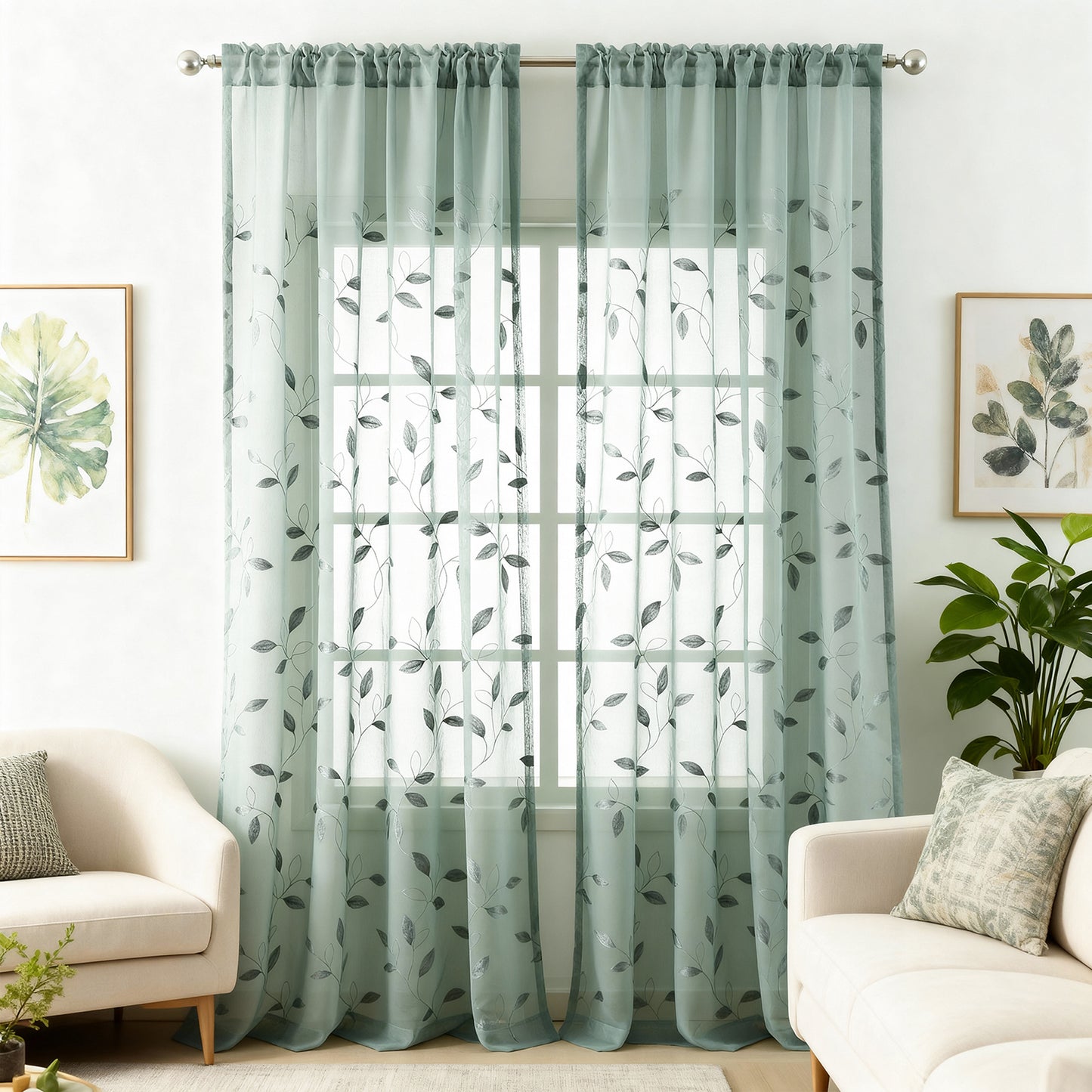 Custom-Made Leaf Embroidered Sheer Curtains