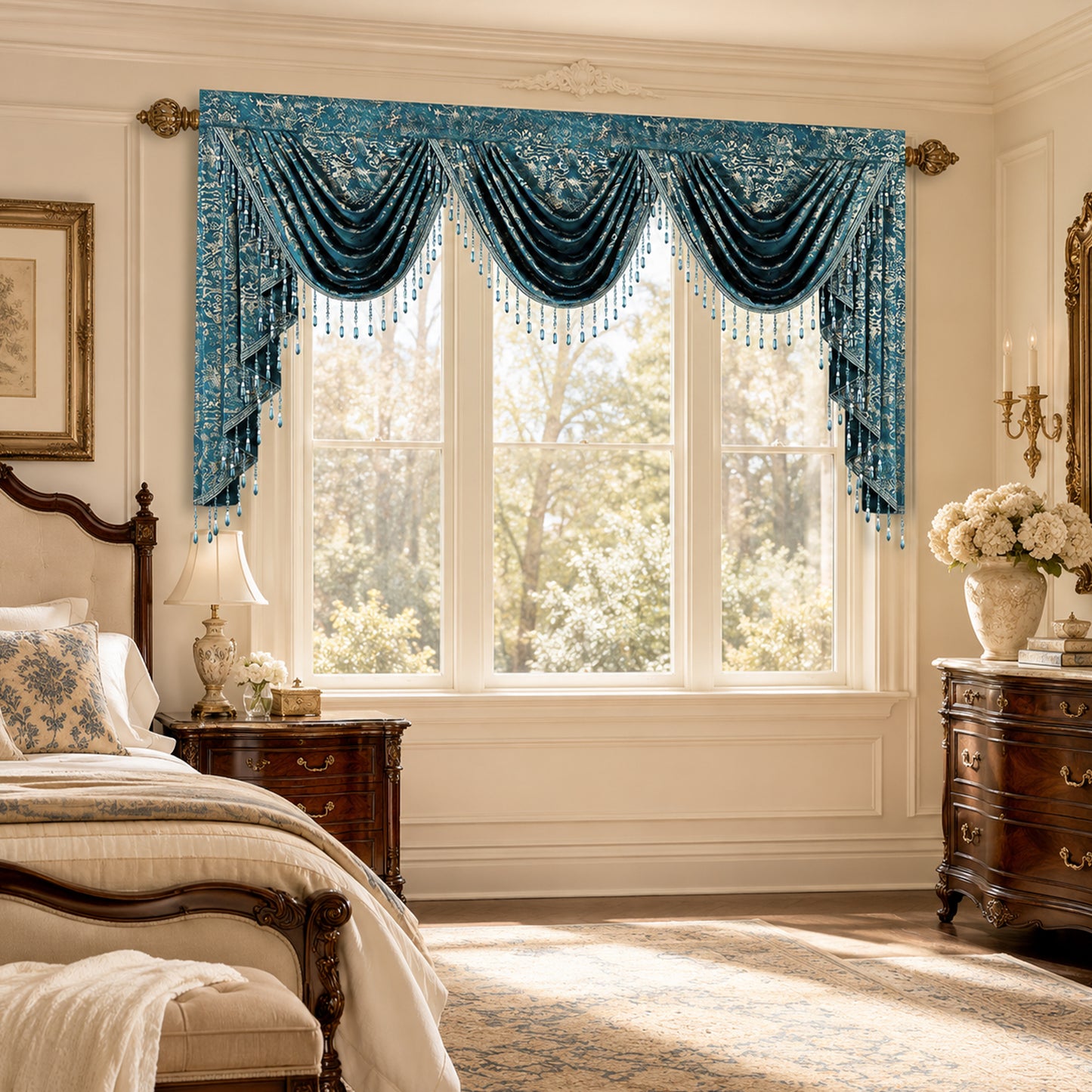 Custom-Made Gold Foil Velvet Waterfall Valance