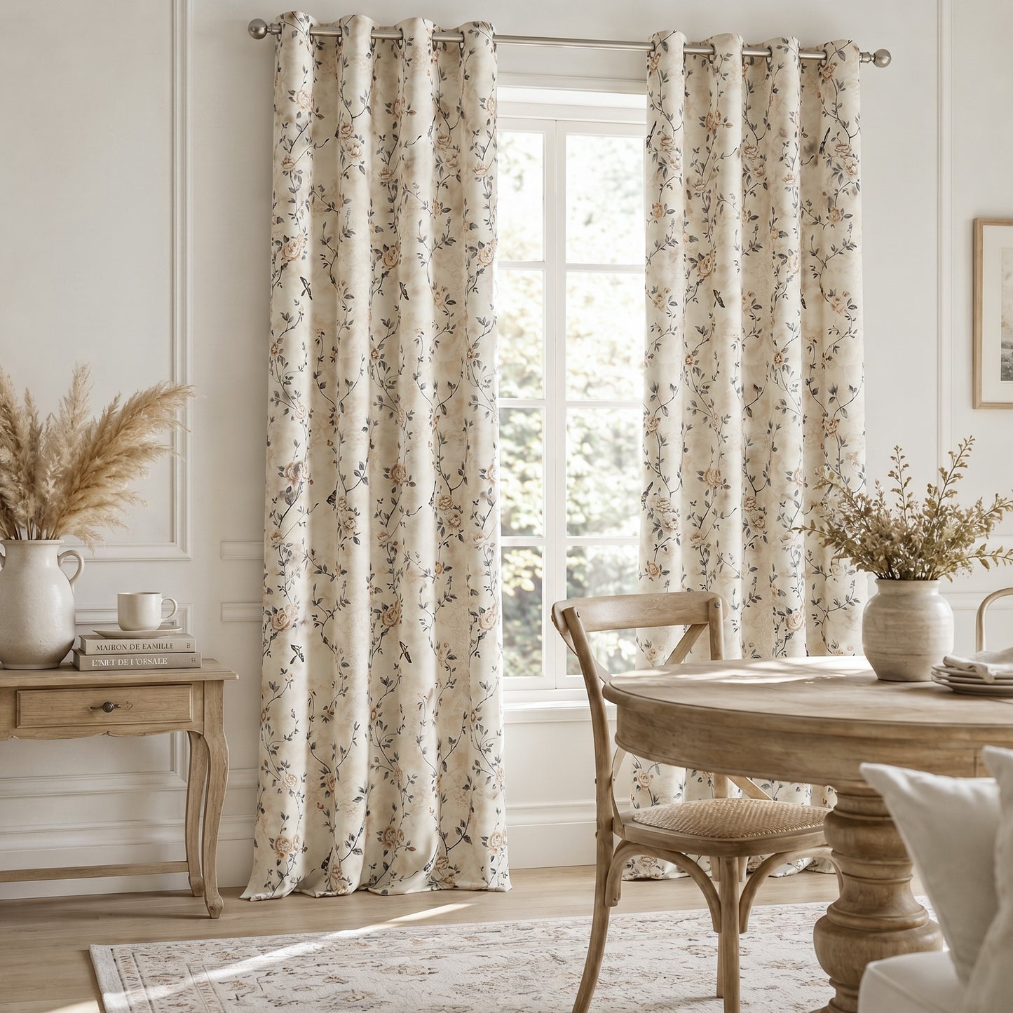 Custom-Made Vintage French Rose Floral Print Room Darkening Curtains