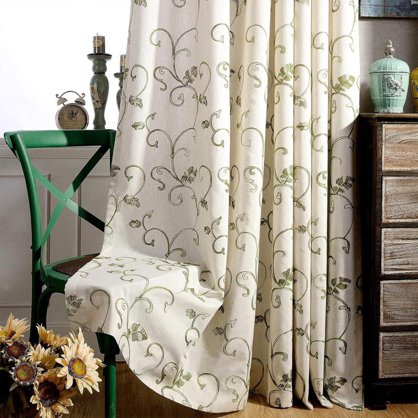 Custom-Made Botanical Vine Embroidered Room Darkening Curtains