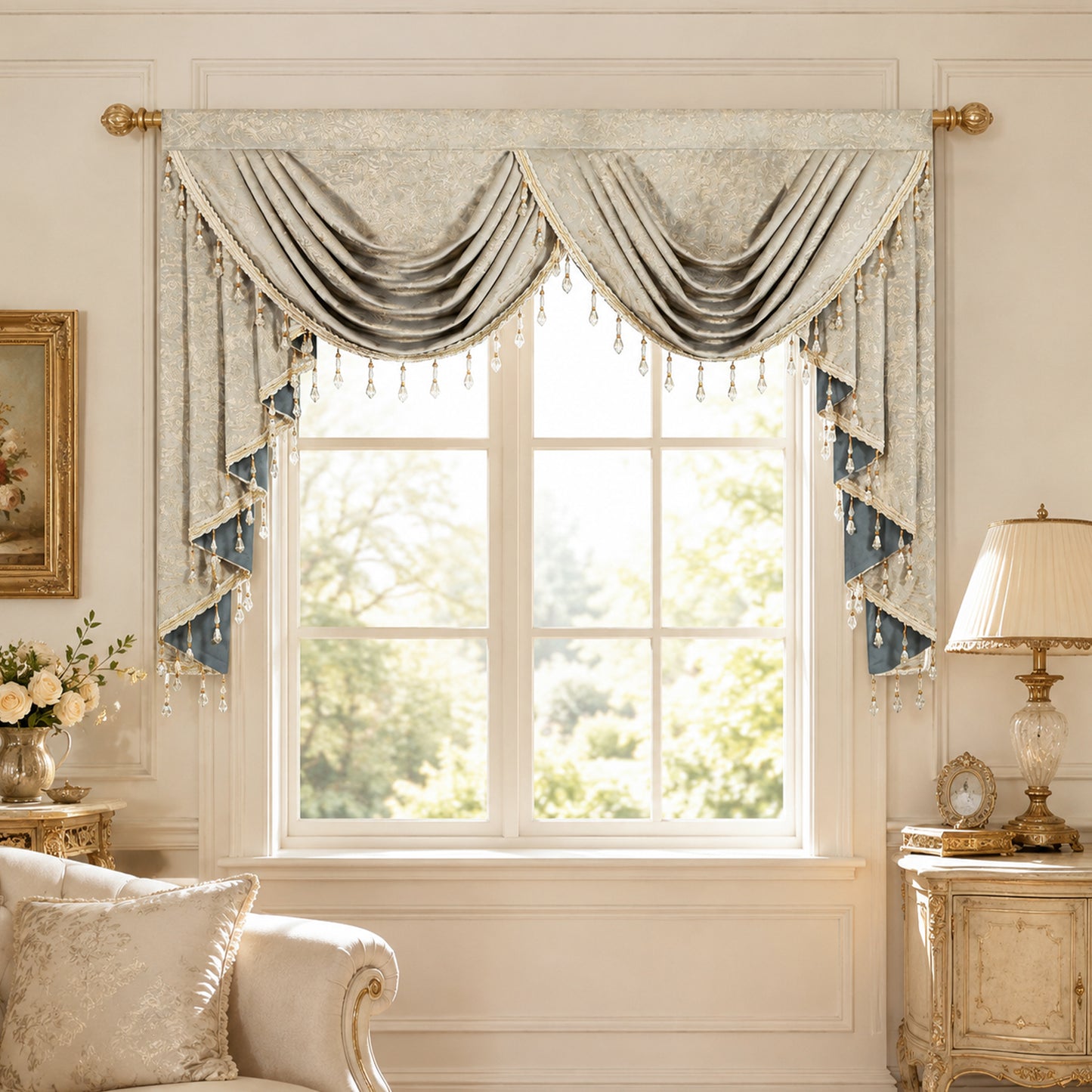 Custom-Made Gold Foil Velvet Waterfall Valance