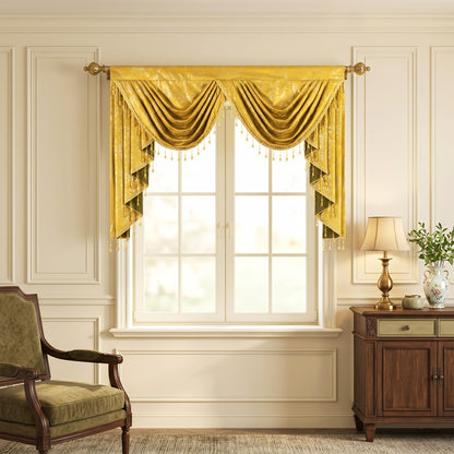 Custom-Made Gold Foil Velvet Waterfall Valance