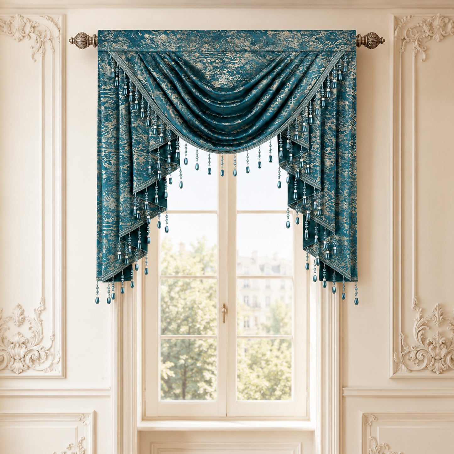 Custom-Made Gold Foil Velvet Waterfall Valance