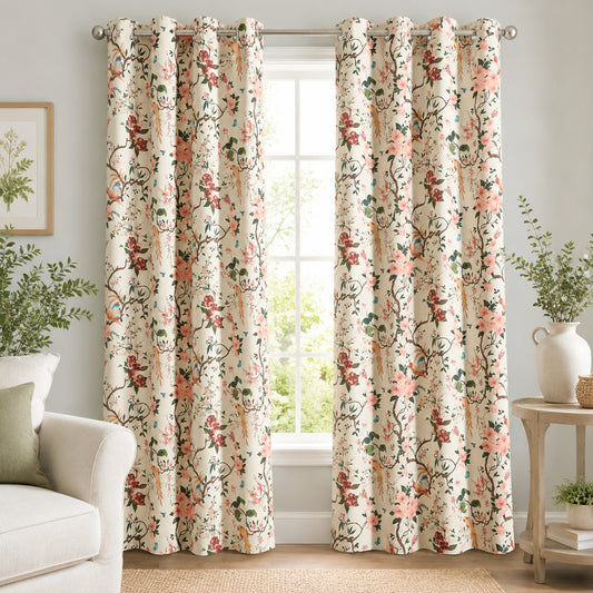 Custom-Made Vintage Floral Bird Print Light Filtering Curtains