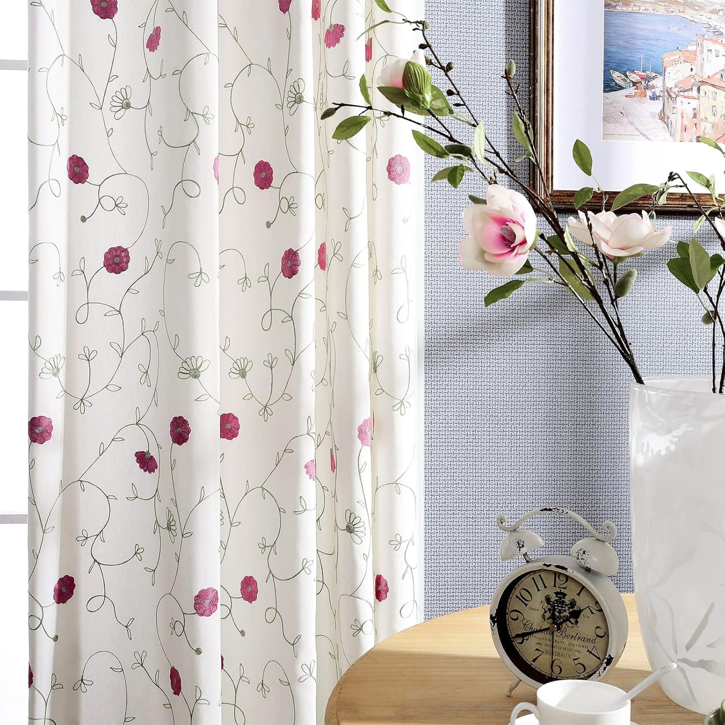Custom-Made Botanical Vine Embroidered Linen Light Filtering Curtains