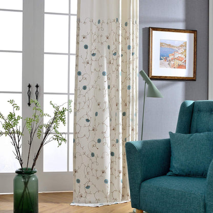 Custom-Made Botanical Vine Embroidered Linen Light Filtering Curtains