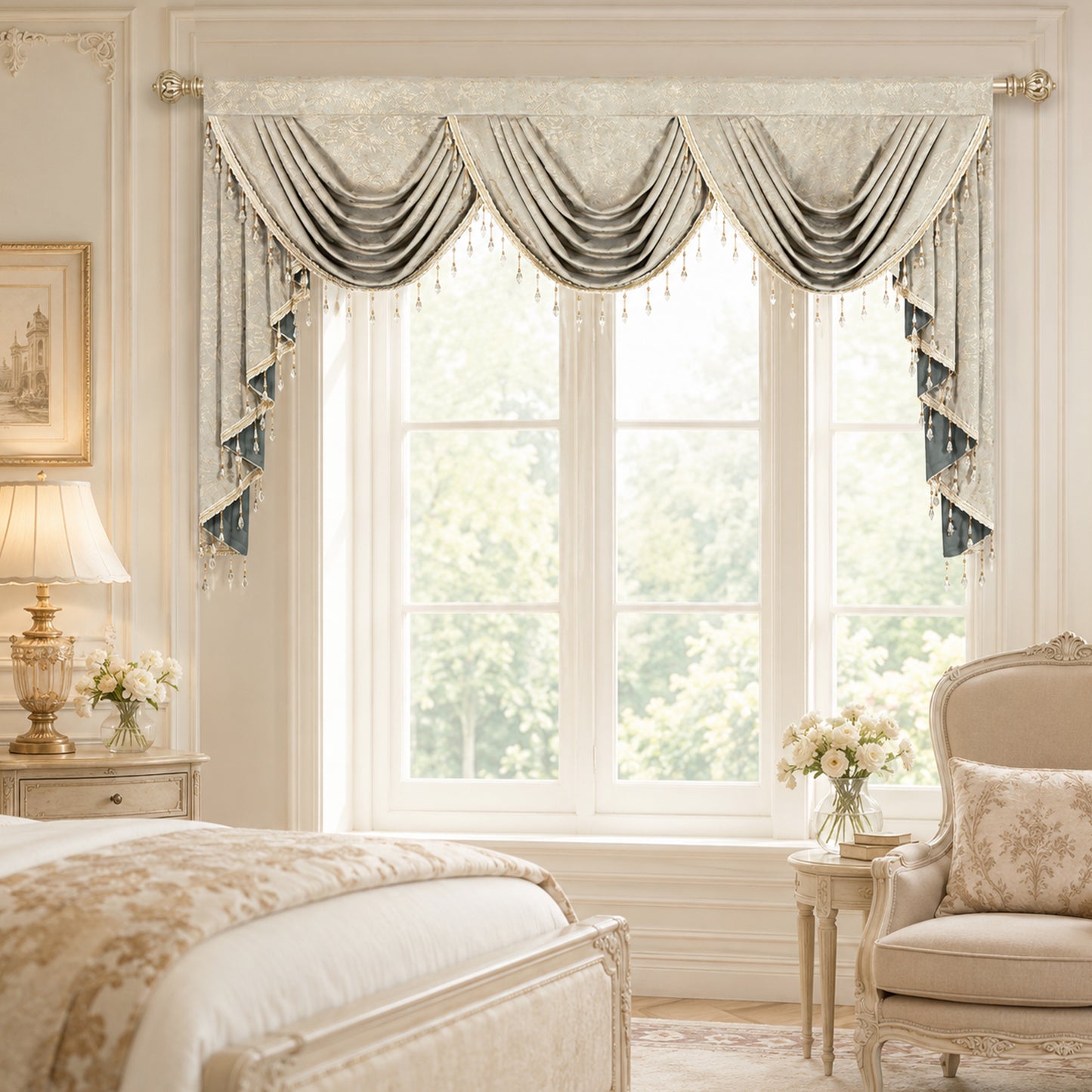 Custom-Made Gold Foil Velvet Waterfall Valance