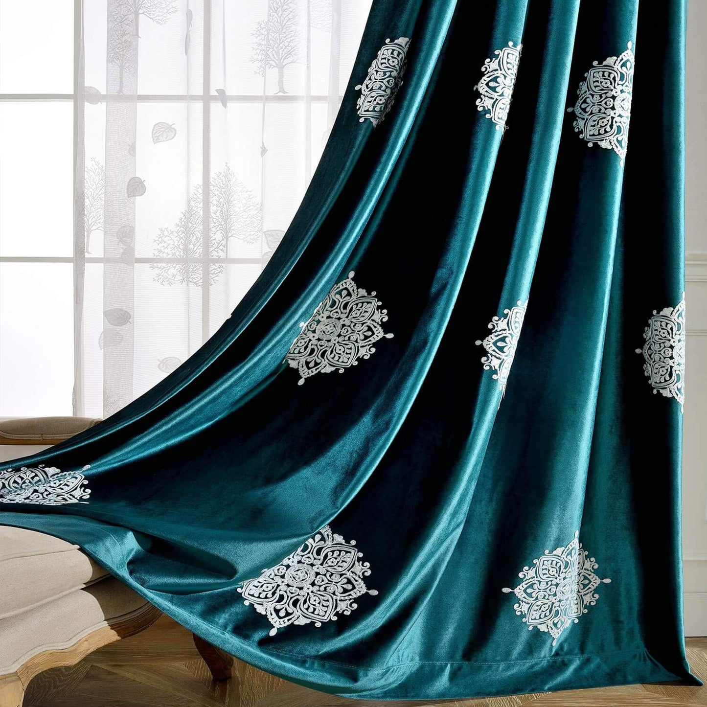 Custom-Made Embroidered Velvet Room Darkening Curtains