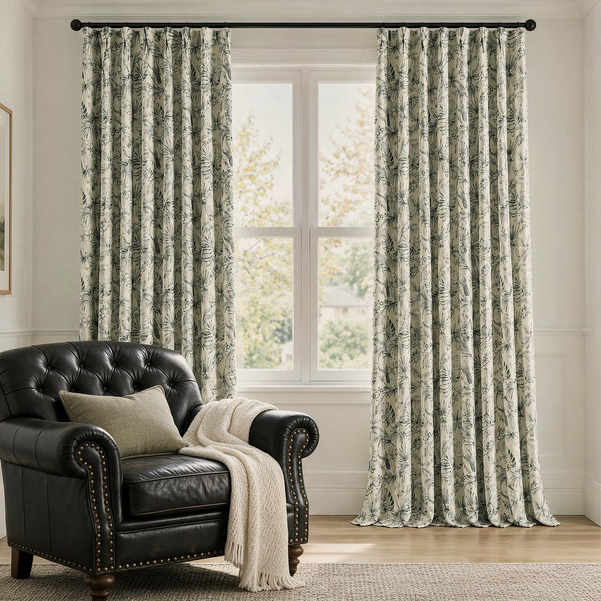 Custom-Made Vintage Floral Toile Room Darkening Curtains
