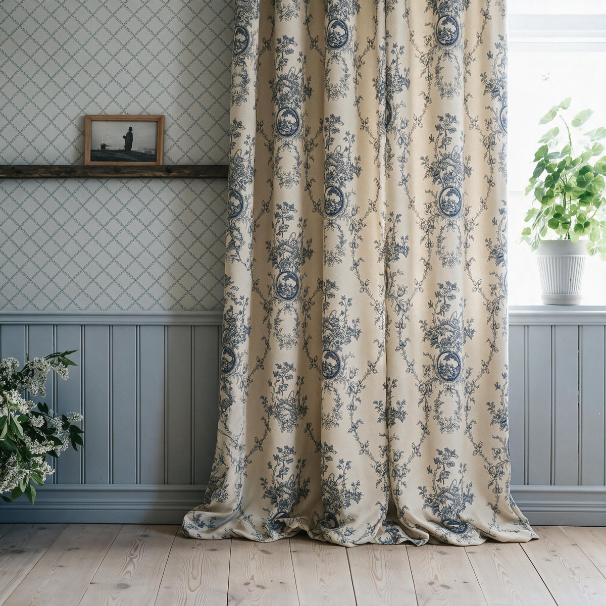 Custom-Made Vintage Floral Toile Room Darkening Curtains